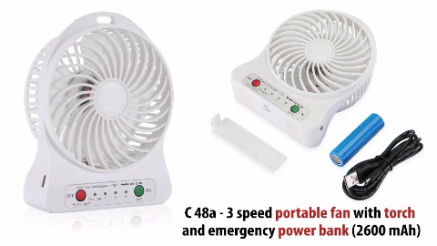 3 speed portable fan with torch and emergency power bank 2600 mAh
