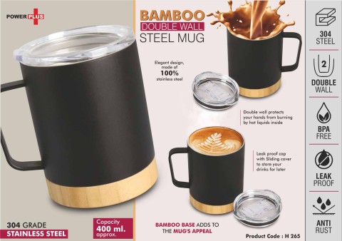 Bamboo Double wall Steel Mug with Leakproof Lid 