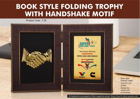 Book Style Folding Trophy with Handshake Motif 