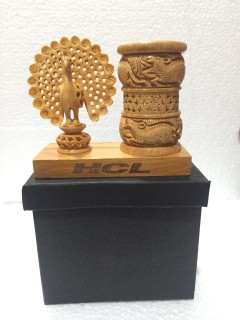 Indian Handmade Wooden Carved Pen Holder Jali dancing Peacock showpiece 