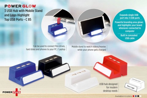 Power Glow USB hub with mobile stand and logo highlight