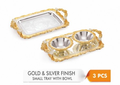 Premium 3Pcs Silver and Gold Bowl and Tray set