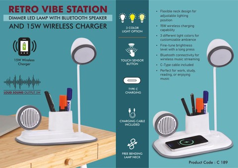 Retro Vibe Station Dimmer LED Lamp with Bluetooth speaker & 15W Wireless Charger 