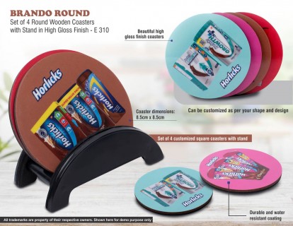 Set of 4 Round Wooden Coasters with Stand