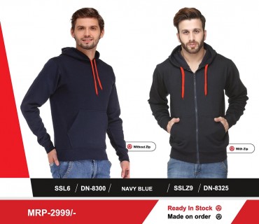 Sweat Shirt with Zip + Hood + Pocket -Black