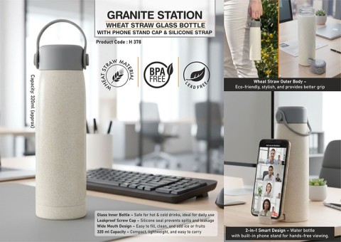 Wheat Straw Glass Bottle With Phone Stand Cap & Silicone Strap-315ml - Corporate Gifts